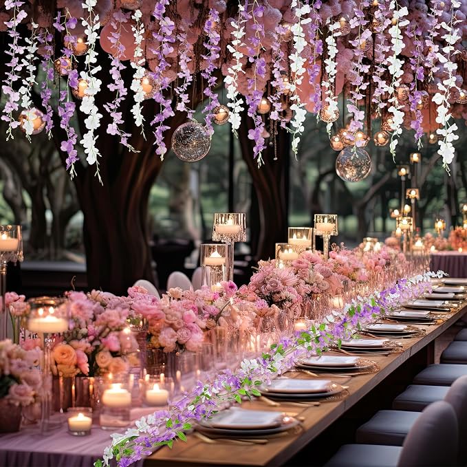 Thiccywoov 12pcs Wisteria Artificial Flowers Garland, 7.2Ft/Piece Wisteria Hanging Flowers Garland for Wedding Arch Decoration Outdoor Ceremony Home Backdrop Garden (Purple,Light Purple,White)