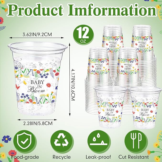 Funnymoom 60 Pack Baby In Bloom Baby Shower Decorations Cups 12 oz Wildflowers Floral Disposable Clear Plastic Drinking Cups Bulk for Summer Spring Birthday Party Decorations Supplies