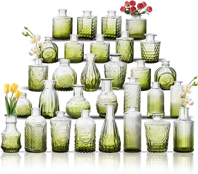 Glass Bud Vase Set of 30, Small Flower Vases, Glass Vases for Centerpieces, Vintage Home Table Decorations Bud Vases (30 Pcs, Green)
