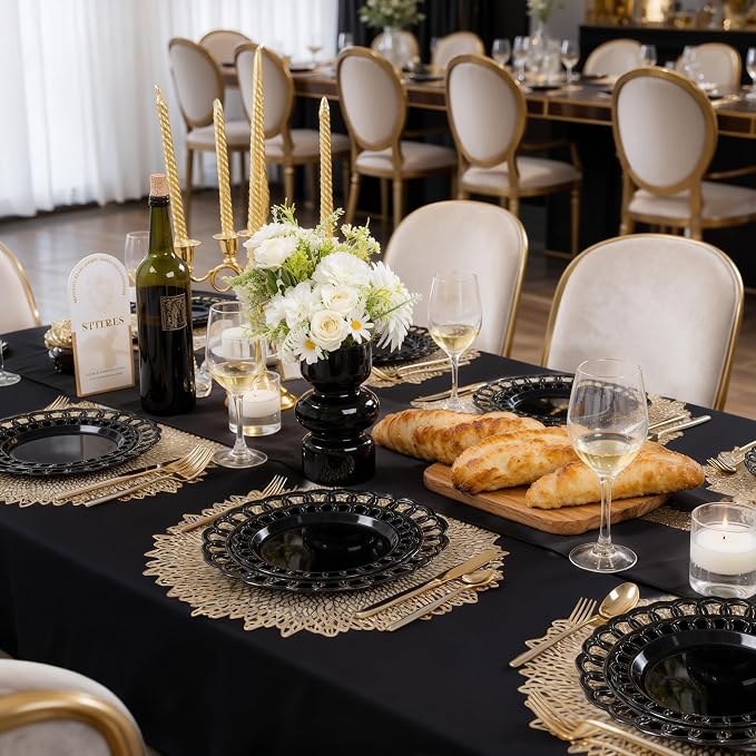 COLOSUS 60pcs Black Plastic Plates Set,Fancy Baroque Plates,Elegant Lace Rim Disposable Plates,Plastic Plate for Party include 30 Dinner plates and 30 Dessert plates for New Year,Party,Wedding
