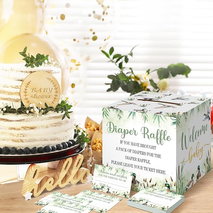 Teling 51 Pieces Diaper Raffle Tickets with Card Box Baby Shower Decorations Baby Shower Holder Box for Girl Boy Diaper Raffle Party(Mallard Duck)
