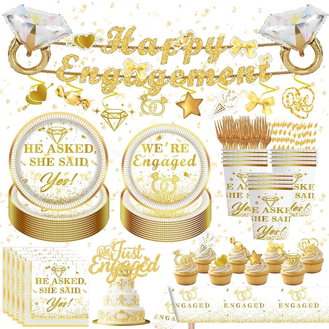 141PCS Engagement Party Decorations, Happy Engagement Banner Ring Foil Balloons He Asked She Said Yes Disposable Dinnerware with 1 Pcs Tablecloth, Wedding Proposal Decorations