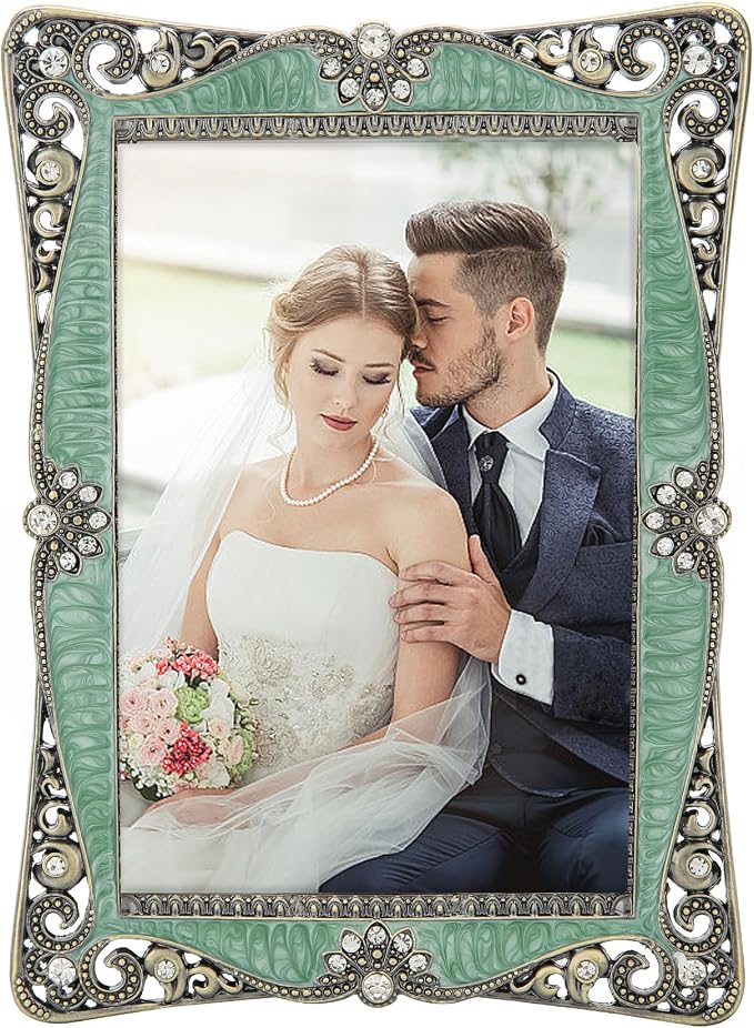 5x7 Vintage Green Picture Frame with Brass Metal Photo Frame Ornate Antique Art Decor, Clear Glass Front, Unique Gifts for Couple Women Wedding Mothers Day, Horizontally & Vertically