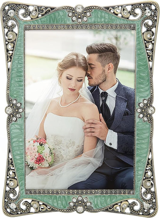 5x7 Vintage Green Picture Frame with Brass Metal Photo Frame Ornate Antique Art Decor, Clear Glass Front, Unique Gifts for Couple Women Wedding Mothers Day, Horizontally & Vertically