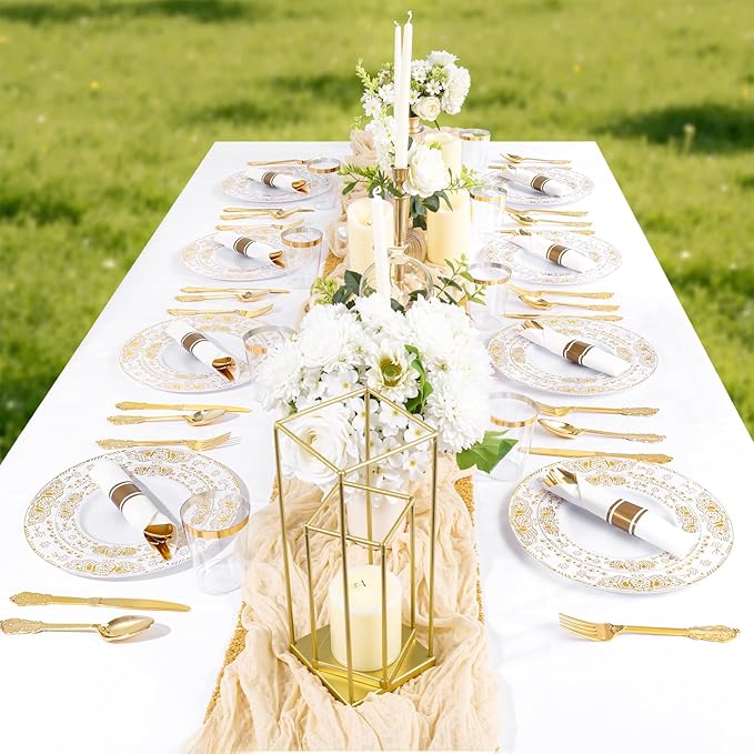 GATHER 350PCS White and Gold Plastic Plates - Gold Disposable Dinnerware Set Include 50 Dinner Plates, 50 Dessert Plates, 150 Gold Plastic Silverware, 50 Napkins, 50 Cups for Wedding & Party