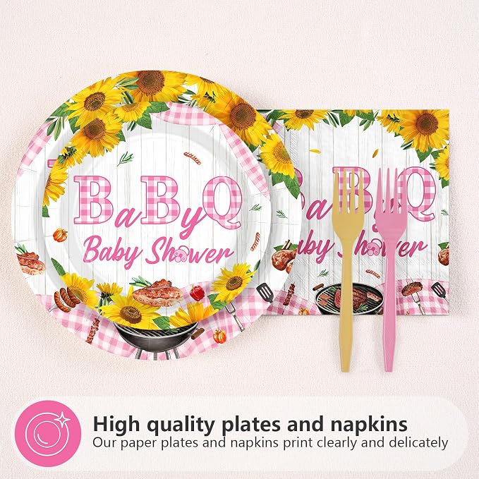 96Pcs Baby Q Baby Shower Party Decorations Pink BBQ Plates and Napkins Pink Gingham Tableware Set for Girls BabyQ Picnic Themed Birthday Gender Reveal Party Supplies, Serves 24