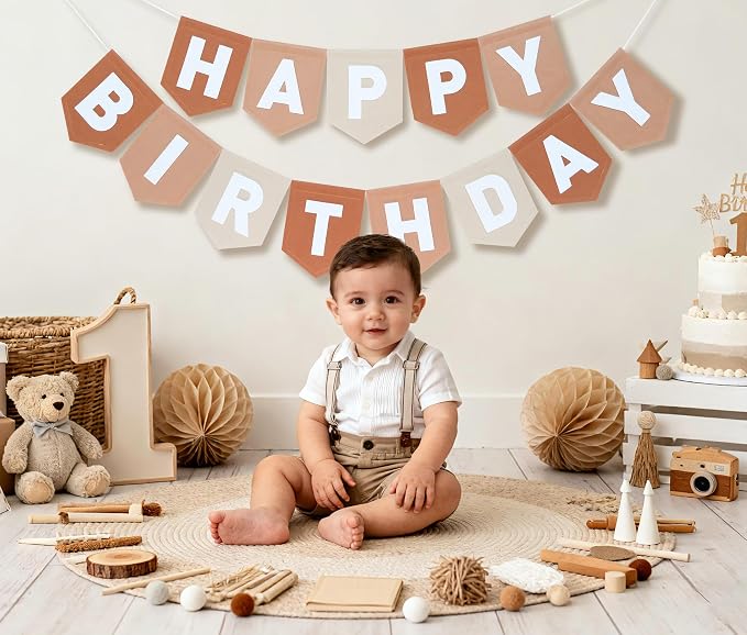 Felt Brown Happy Birthday Banner Birthday Decorations for Women Girls Boys Men Pets Handmade Party Backdrop