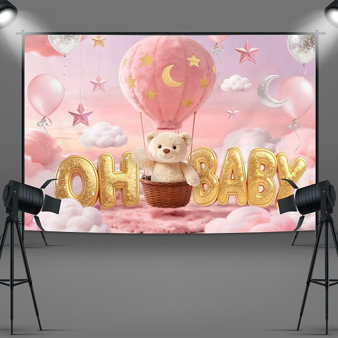 Oh Baby Bear Baby Shower Backdrop 7Wx5H Feet Pink Cartoon Hot Air Balloons Lovely Clouds Gold Stars Moon Polyester Girls Baby Shower Photography Backgrounds Photo Shoot Decor Props Decoration