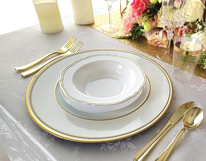 " OCCASIONS " 150pcs set (25 Guests)-Wedding Plastic Plates & cutlery -Disposable heavyweight Dinnerware 10.25'', 7.5'' + Silverware w/double fork (Rochelle White & Gold)