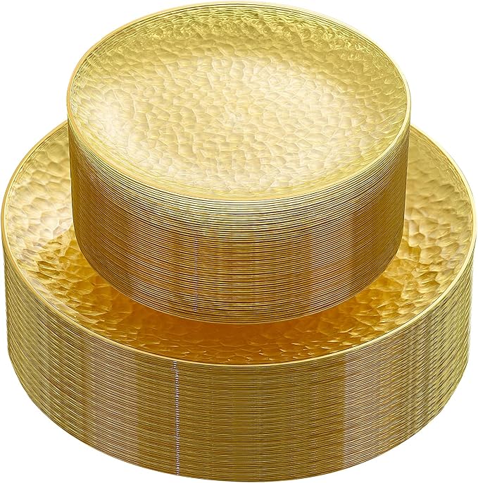 Rubtlamp 60Pcs Yellow Gold Plastic Plates, Yellow Disposable Plates With Gold Rim, Clear Heavy-duty Party Supplies, Hammered Plastic Plates Include 30 Dessert Platos, 30 Dinner Platos for Party