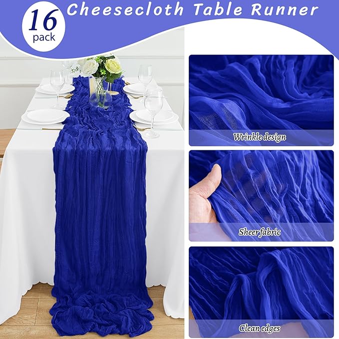 16Pack Royal Blue Table Runners 10FT Royal Blue Cheesecloth Table Runner 35x120Inch Long Boho Cheese Cloth Table Runner Rustic Gauze Table Runners for Party Wedding Bridal Baby Shower Decorations