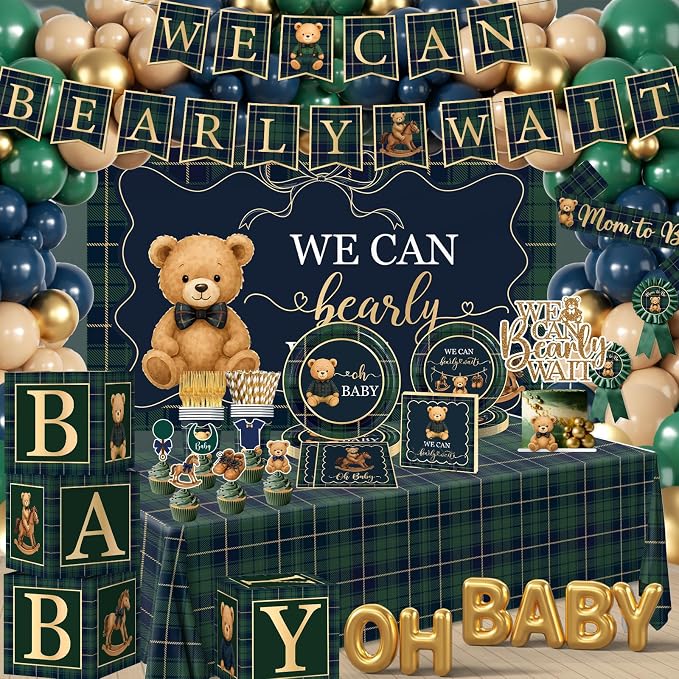 Bear Baby Shower Decorations,Tartan Plaids Bear Baby Shower Decoration Luxury Equestrian Vintage Bear Baby Shower Plates and Napkins,Balloons,Boxes,Caketoppers,Mom to Be Sash,Backdrop for Baby Shower