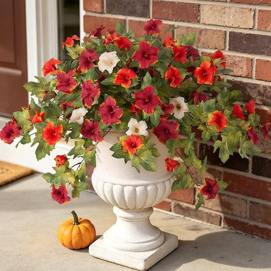 Ammyoo Artificial Fall Flowers Fake Petunias Plants for Outdoor Decoration | 2 Pcs UV Resistant Faux Silk Flowers No Fade Floral for Autumn Garden Balcony Yard Porch Realistic Indoor Decor No watering