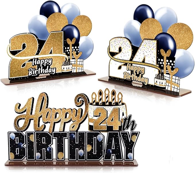 LINGTEER Happy 24th Birthday Gold Acrylic Table Topper Centerpieces Set - Cheers to 24 Years Old Birthday 24th Bday Party Gift Decorations.