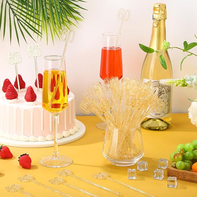 Reallnaive 100 Pcs 60th Birthday Drink Stirrers Gold Glitter Cocktail Stirrers Plastic Swizzle Sticks 7.5 Inch Fall Birthday Cupcake Toppers Sticks Bulk for Coffee Bar Cake Pops Christmas Party Favor