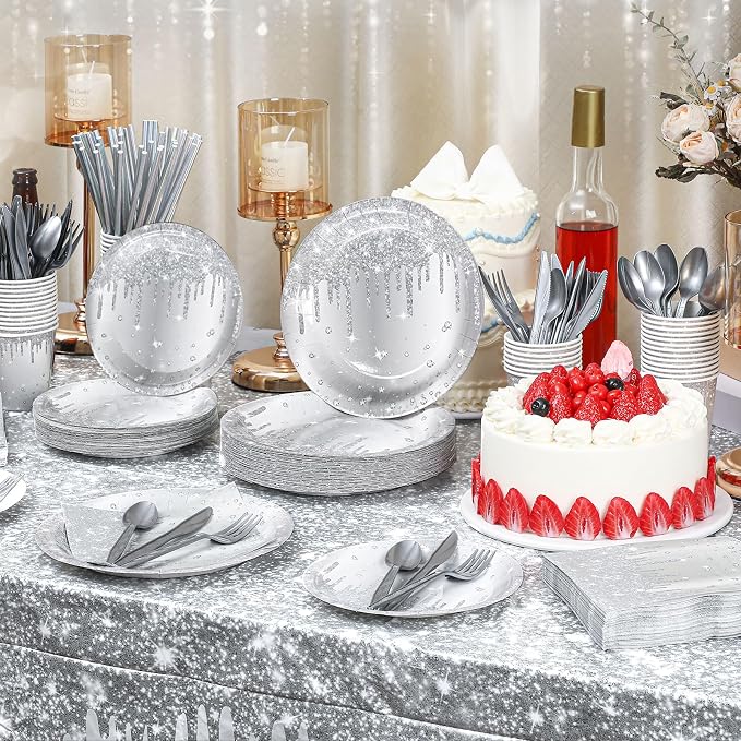 Funnymoom 452 Pcs Silver Birthday Party Decorations Include Diamonds Silver Glitter Paper Plates and Napkins Cups Tablecloth Cutlery Straws Disposable Tableware Set for Birthday Supplies