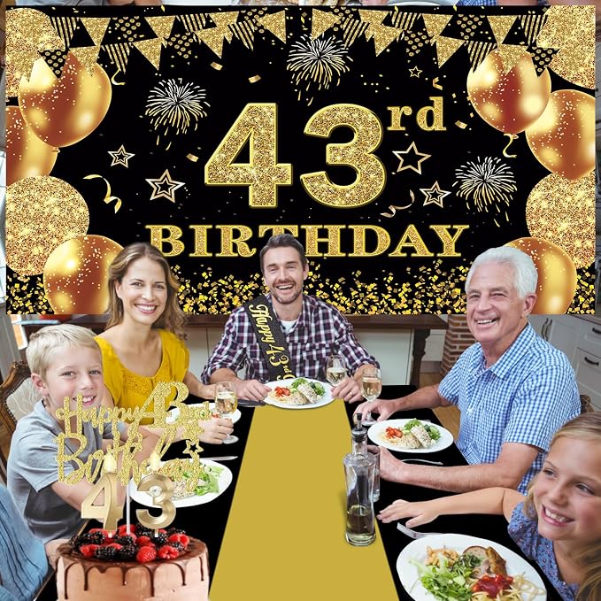 43rd Birthday Decorations Men Women with 43rd Birthday Banner, Black and Gold Table Cloth, Number Balloons, Large Sash, Cake Topper and Candles