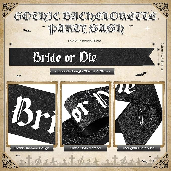 JaGely 4 Pcs Gothic Bachelorette Party Accessories Set, Bride Crystal Crown Sunglasses Sash and Fan for Bridal Shower(Bride or Die)