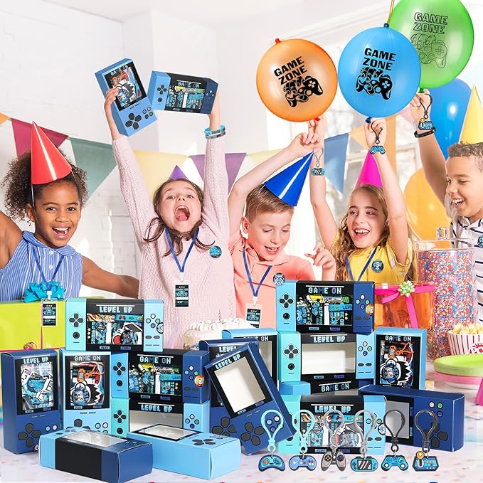 195 Pcs Video Game Party Favors for Kids Gamer Goodie Bag Stuffers Gaming Birthday Party Supplies with Gift Boxes, VIP Pass, Balloons, Bracelets, Keychains, Badges, 3D Stickers (Blue)