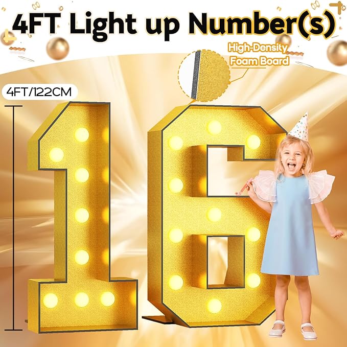Light Up Number 16, Marquee Light Up Numbers 4FT Gold, Large Led Numbers Lights for Sweet 16th Birthday, 4 Feet Tall DIY Frame Pre-Cut Foam Board Kit for Night Light Party Anniversary Decorations
