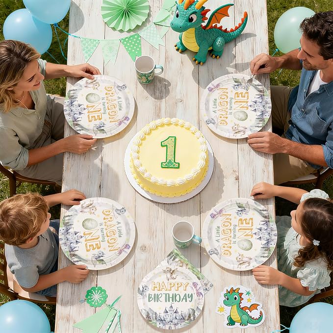 96Pcs Dragon 1st Birthday Party Decorations A Little Dragon is Turning One Plates and Napkins Cartoon Dinosaur Baby Shower Theme Tableware Sets for Kids 1st Birthday Party Supplies Serves 24