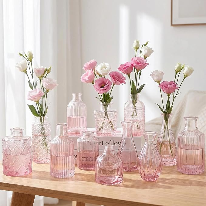 Mini Bud Vases Centerpieces for Tables,Clear Bud Vases for Flowers,Small Flower Vases Suitable for Birthday Party,Anniversary,Wedding Reception,Baby Shower (GradPink, 12PCS)
