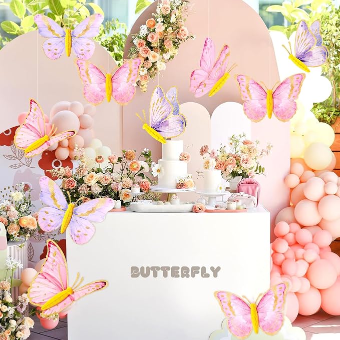 SUNBEAUTY 10 Pcs Butterfly Party Decorations 3D Butterfly Hanging Birthday Decoration Pink Purple Butterflies Honeycomb Decor for Girls Women Birthday Baby Shower Wedding Garden Party Supplies