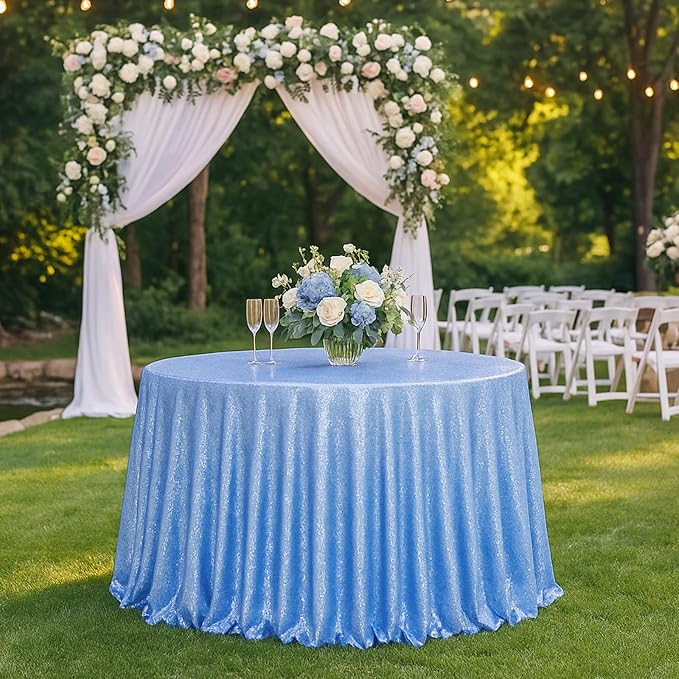 Eternal Beauty Baby Blue Tablecloth, 120 Inch Round Sequin Tablecloth for Party Cake Dessert Table Exhibition Events