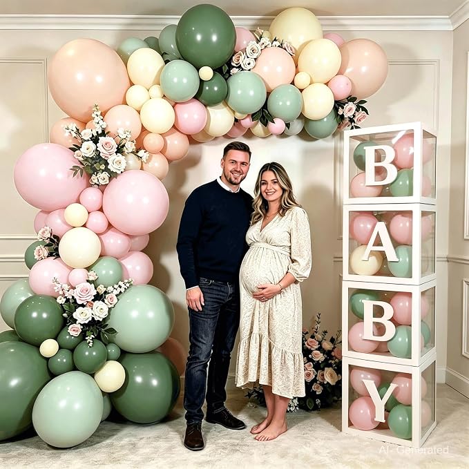 Pink and Green Balloon Baby Shower Decorations for Girl, Sage Light Green Pink Ivory Orange Balloon Arch Kit Baby Boxes with Letters for Gender Reveal Wedding Girl Birthday Boho Floral Party Decor