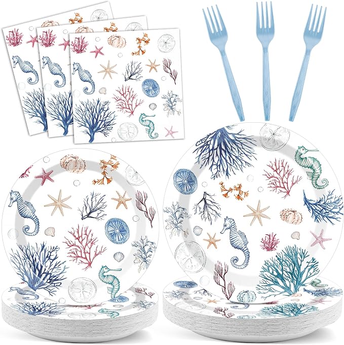96Pcs Seashell Party Supplies Ocean Beach Birthday Plates and Napkins Blue Coastal Seashell Tableware Beach Disposable Dinnerware for Wedding Baby Shower Birthday Party Decorations for 24 Guests