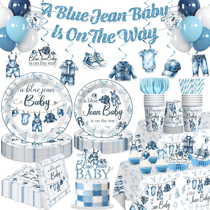 Xynic 213pcs Blue Jean Baby Shower Decorations or Boy, Serves 25 People, Includes Pre-strung Banner, Heavy-duty 350gsm Paper Plates, Waterproof & Oil-proof Disposable Plastic Tablecloths