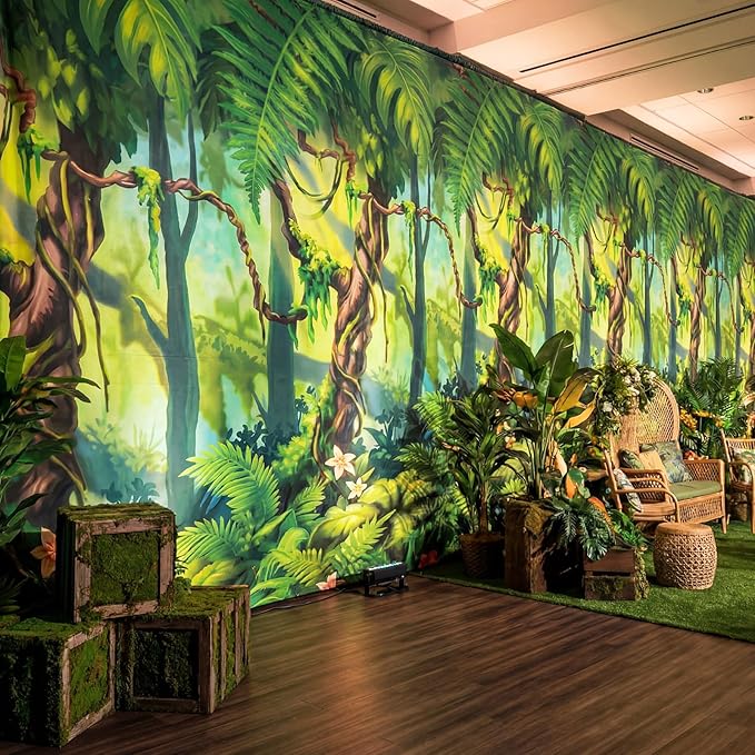 Oudain 54 Inch x 100 ft Rainforest Jungle Trees VBS 2026 Photo Wall Backdrop Tablecloth Roll with Cutter Box, Plastic Tablecloth for Rainforest Greenery Background Tropical Jungle Party Decor