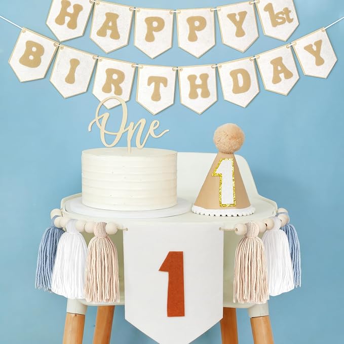 THAWAY 1st Birthday Decorations Boy, First Birthday Becorations for Boy and Girl with Banner, One High Chair Banner, Hat and Wood Cake Topper for One Year Old Party Decor