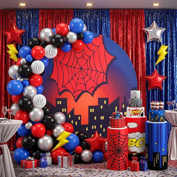 146 Pcs spider Arch Backdrop Cover Cylinder Stand Covers balloons set for party Photo Props 7.2 feet Round Backdrop spider Spandex Pedestal Covers for Birthday Baby Shower Ceremony Party Decor