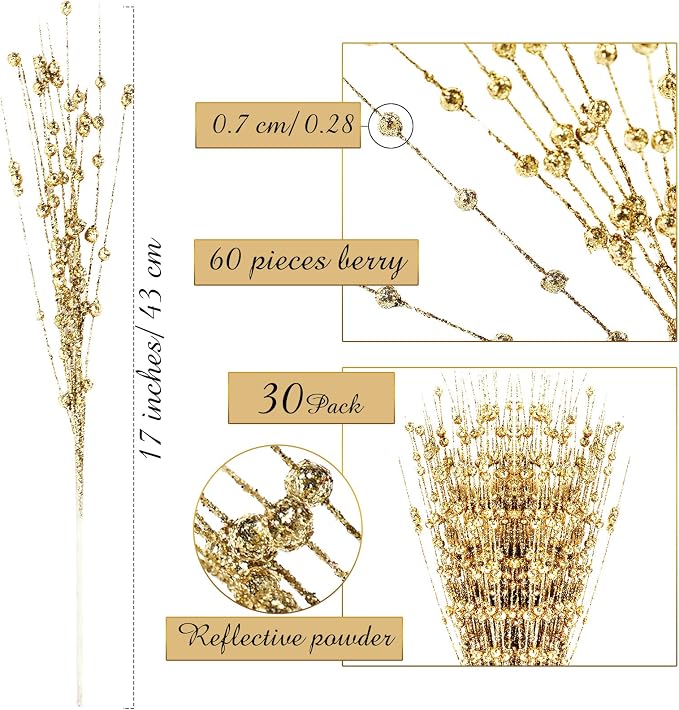 Geosar 30 Pcs Artificial Glitter Berry Stem Decorations 17 Inch Faux Stick Floral Pick Centerpiece Bouquet Flower Bead Twigs for Centerpiece Tree Wreath Ornaments Home(Gold)