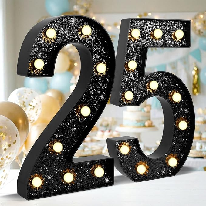 12.6 Inch LED Black Marquee Light Up Numbers, 25th Birthday Decorations Number Lights as Gifts for Women Men, Glitter Lighted Marquee Numbers for Black Anniversary Party Table Decor, 25