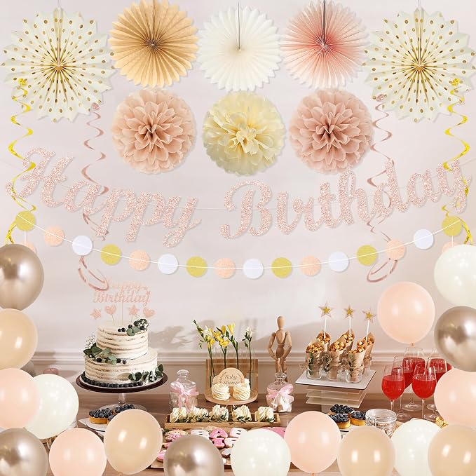 Vlipoeasn Beige Pink Birthday Party Decorations Champagne Women Girls | Rose Gold Peach Happy Birthday Banner Cake Topper Paper Fans Pompoms Latex Balloons Haning Swirls Kit for Women Girls Indoor