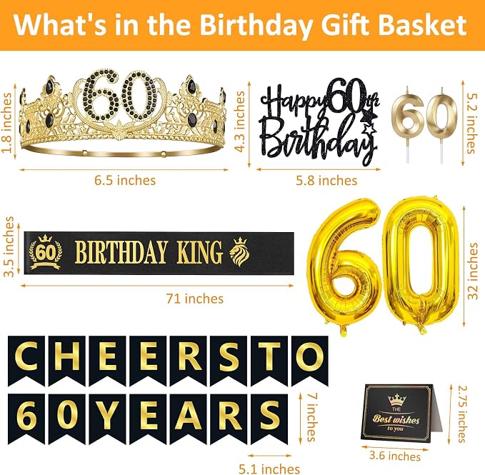60th Birthday Gifts for Men, 60th Birthday Decorations for Men, Party Decor Supplies including King Crown & Sash & Banner & Balloons & Cake Topper & Candles