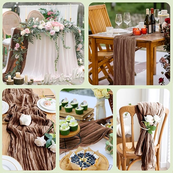 3PCS Table Runner Cheesecloth 10FT Brown Boho Gauze Cheese Cloth Rustic Sheer Table Runners for Wedding Bridal Baby Shower Party Decoration