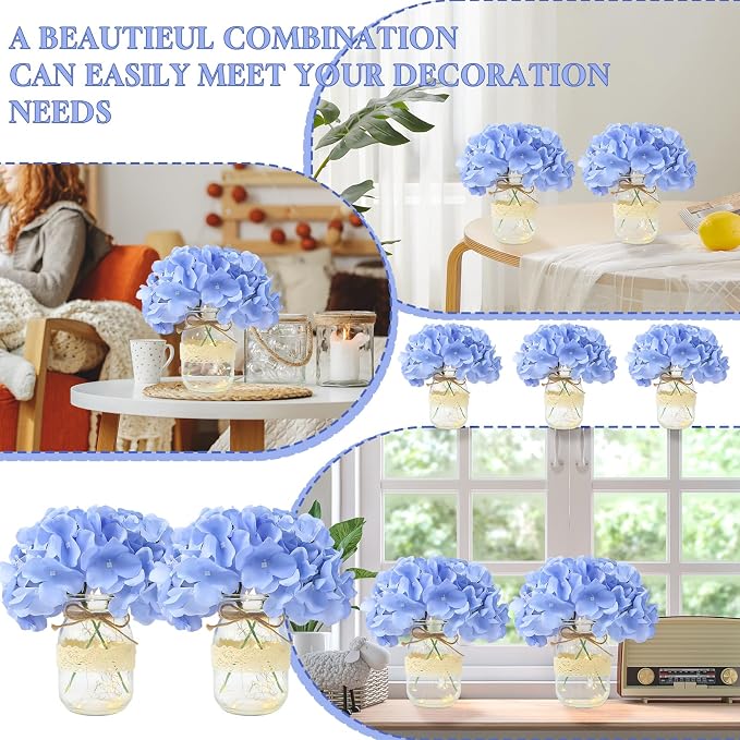 Mason Jar Table Centerpiece Set of 6 with Lights Blue Hydrangea artificial Flowers for Engagement Party Bridal Shower Centerpieces Wedding Christmas Thanksgiving Party Reception Table Decor