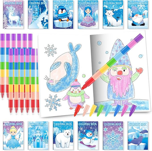 BenLouis 24 Frozen Mini Coloring Books with 24 Stacking Crayons Party Favors Winter Snowflake Themed Activity Book Crafts Bulk for Kids Frozen Birthday Goodie Bag Stuffers Christmas Classroom Supplies