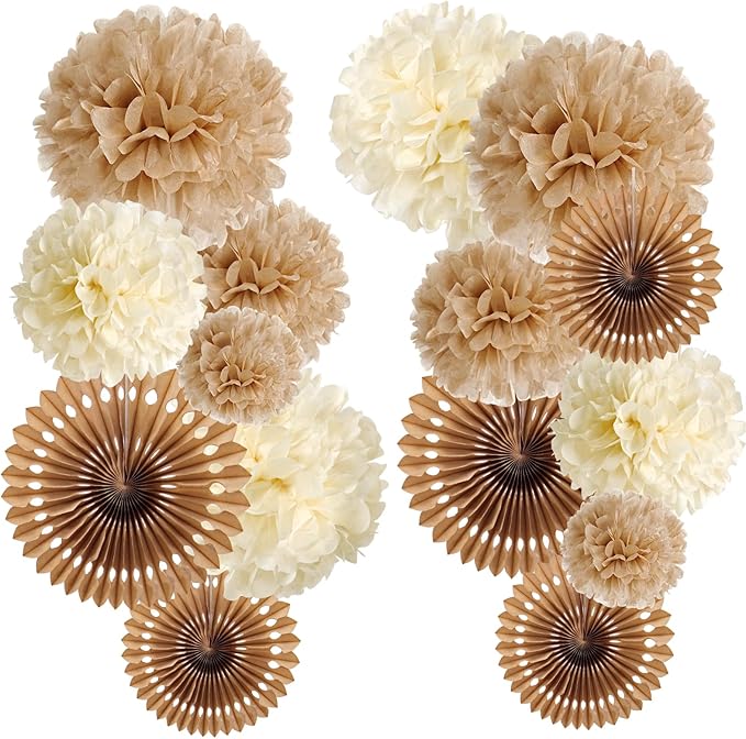 PAPER JAZZ 15 Pcs Wedding Decoration Vintage Beige Pompoms Decoration Brown Paper Fans Boho Party Decoration for Wedding Decoration Birthday Table Decoration Baby Shower