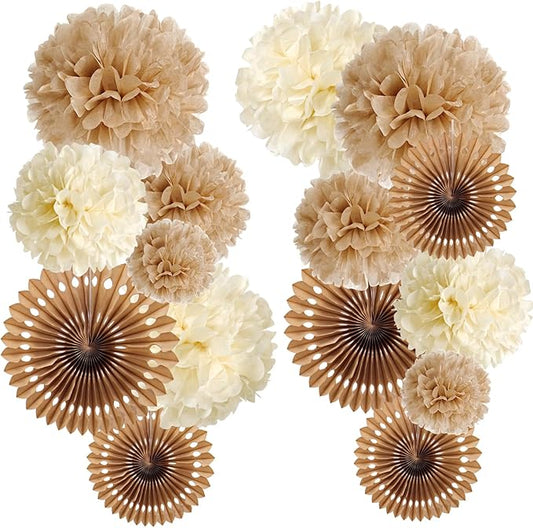 PAPER JAZZ 15 Pcs Wedding Decoration Vintage Beige Pompoms Decoration Brown Paper Fans Boho Party Decoration for Wedding Decoration Birthday Table Decoration Baby Shower