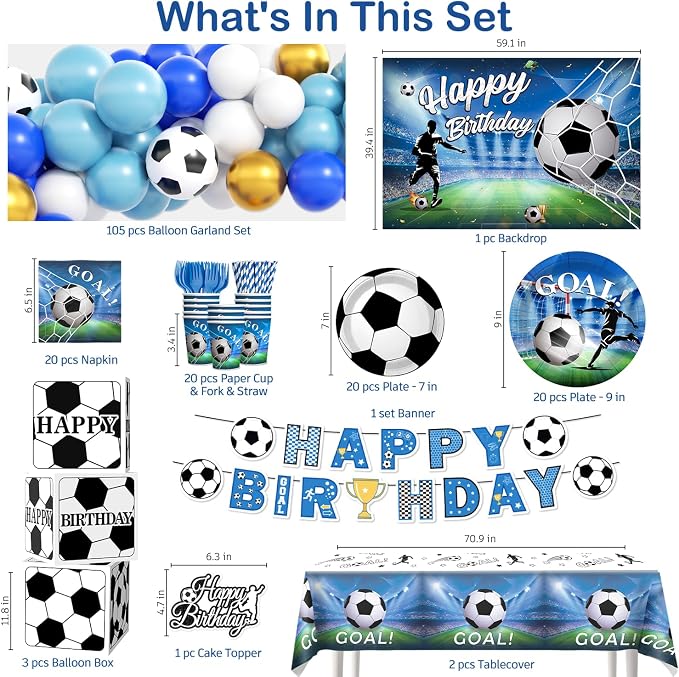 Soccer Birthday Party Decorations, All-in-1 Supplies Pack, Includes Plates and Napkins, Backdrop, Tablecloth, Balloon Kit for Blue Soccer Theme Party Decorations