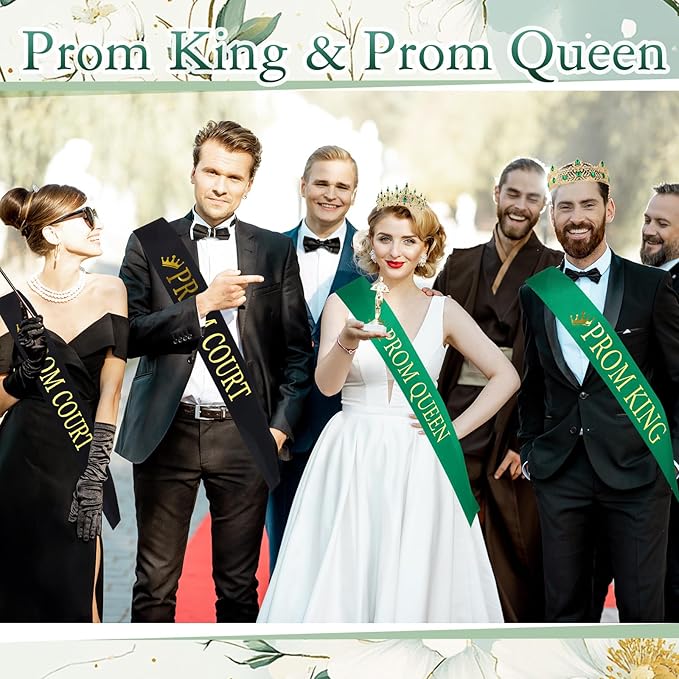 Retrowavy 12 Pcs Prom Crown and Sash Set, Prom King and Queen Tiara Rhinestone Crown Satin Sash for Graduation Party