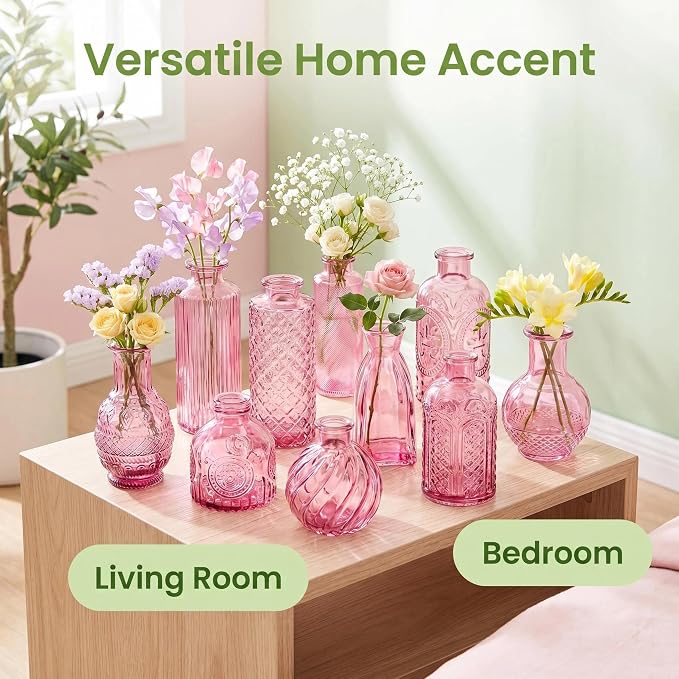 Mini Bud Vases Centerpieces for Tables,Clear Bud Vases for Flowers,Small Flower Vases Suitable for Birthday Party,Anniversary,Wedding Reception,Baby Shower (Pink, 12PCS)