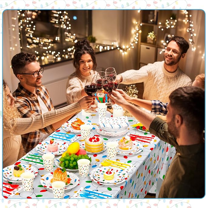Funnymoom 452 Pcs Christmas Party Decorations for 50 Guests, Colorful Christmas Lights Paper Plates Napkins Cups Tablecloth Cutlery Straws Disposable Tableware Set for Xmas Holiday Party Supplies