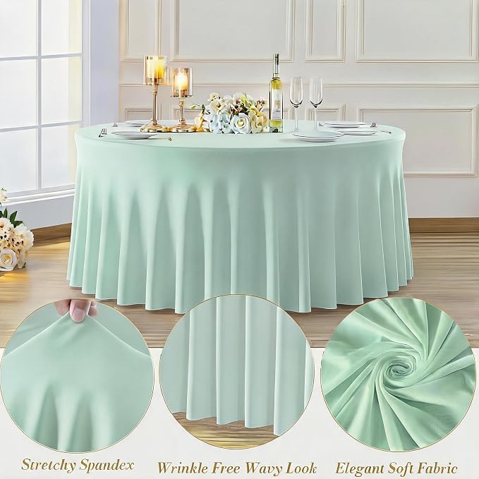 10 Pack Ivory Green Round Spandex Tablecloths for 60in Tables, 120 Inch Stretch Fitted Table Skirts, Wrinkle-Free Washable Polyester Covers for Wedding, Banquet & Party