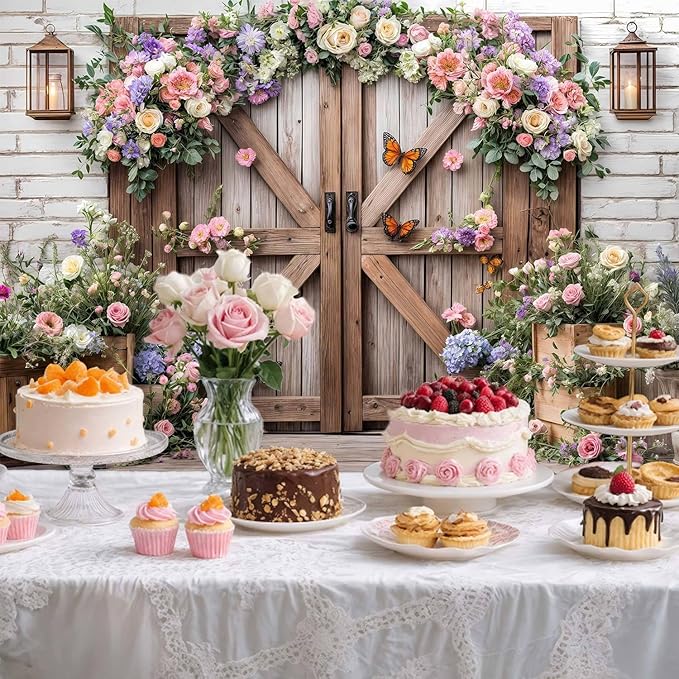 10X8ft Wedding Rustic Barn Door Photography Backdrop Vintage Wood Board Pink Purple Rose Flowers Bridal Anniversary Party Photo Shoot Decor Props