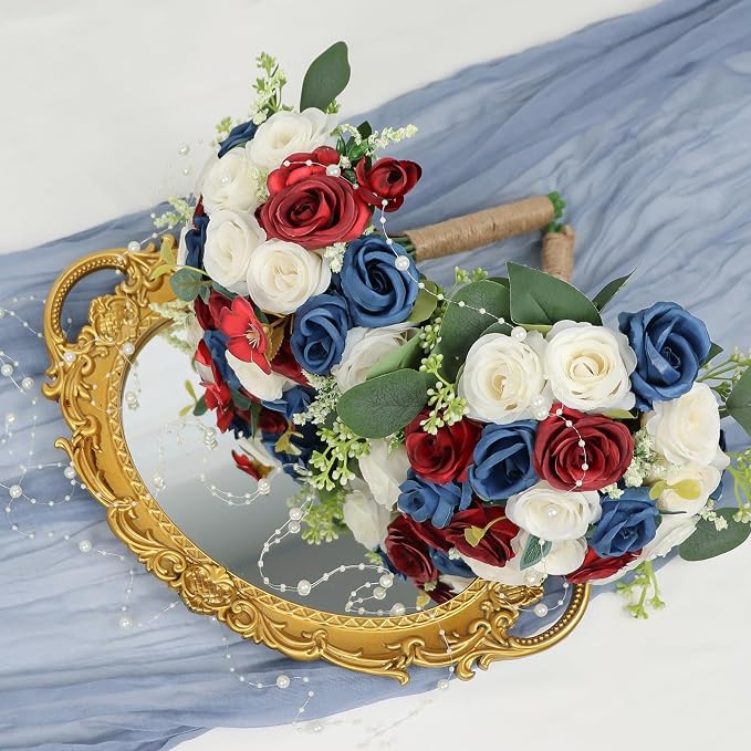 Set of 6 Bridesmaid Bouquets for Wedding - 7 Inch Artificial Ivory Flower Bouquet for Party Ceremony Anniversary Dinning Table Centerpieces Decor - Red & Blue & White